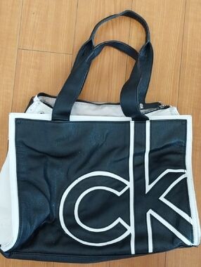 Calvin Klein Black White CK Logo Tote Purse Carry-On Satchel